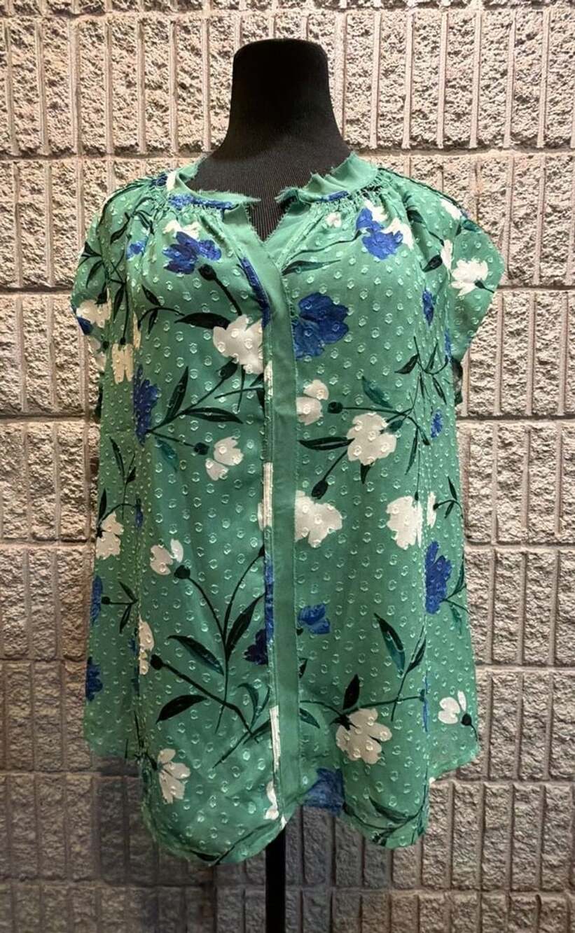 653 Daniel Rainn Floral Blouse Size XL Green Swiss Dot